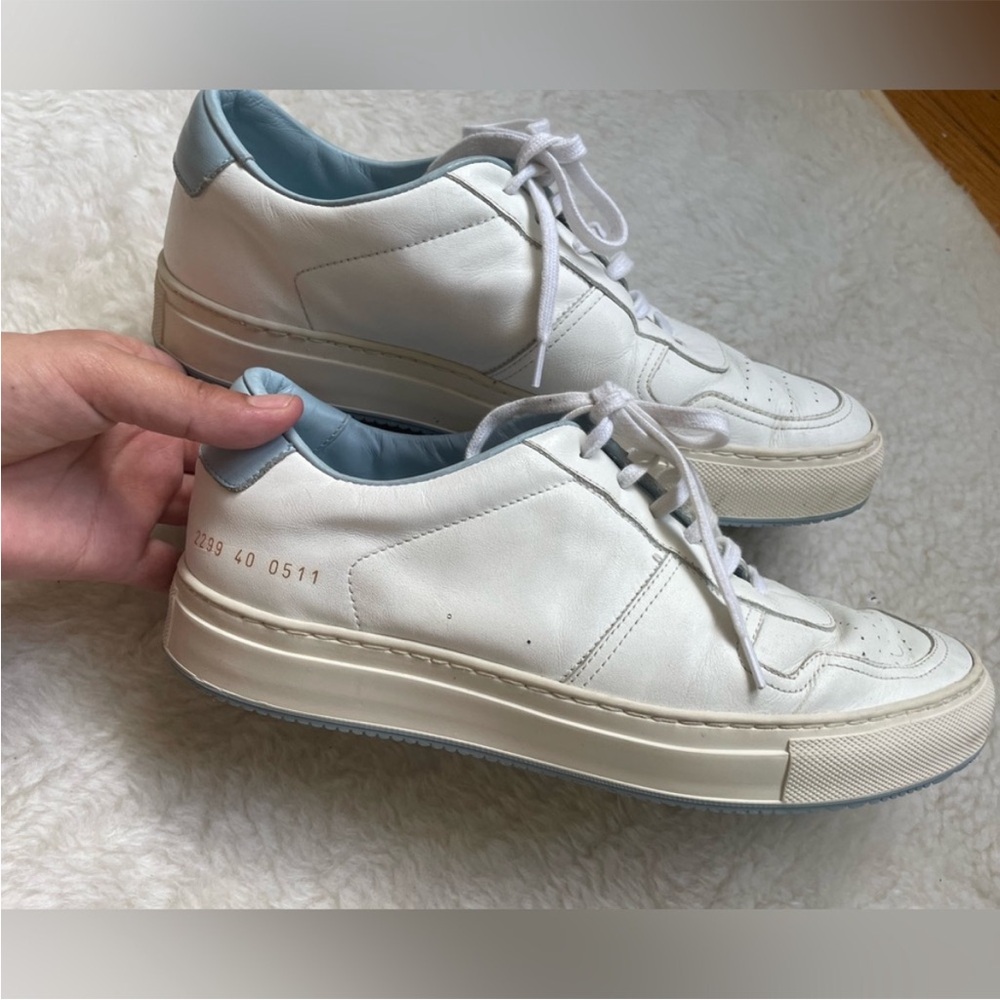 Common Projects White and Light Blue Sneakers